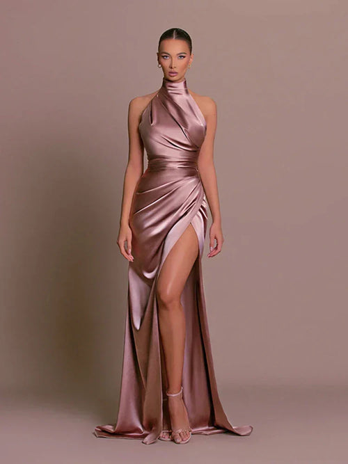 Veronique - Women's Satin Halter Slit Evening Gown