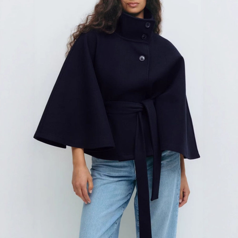 Camilla - Women's High Collar Belted Cape Coat