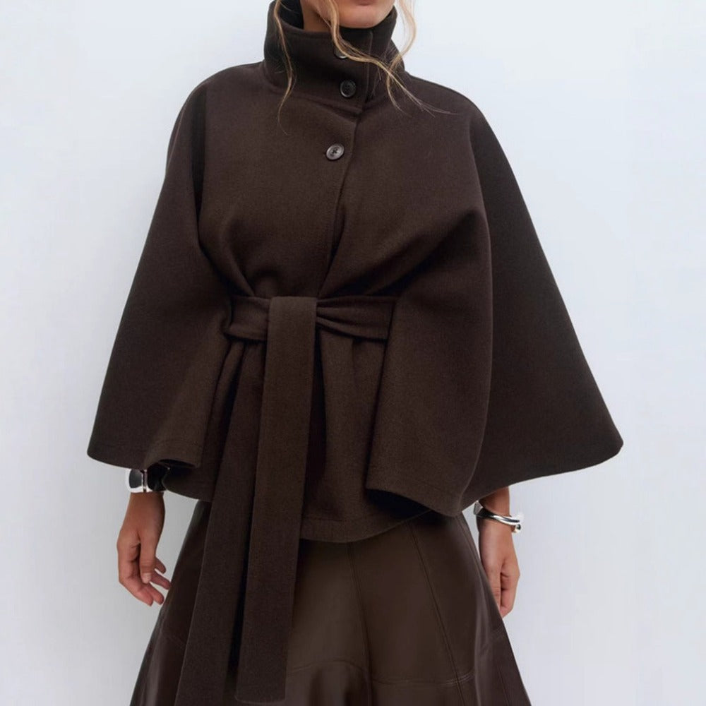 Camilla - Women's High Collar Belted Cape Coat
