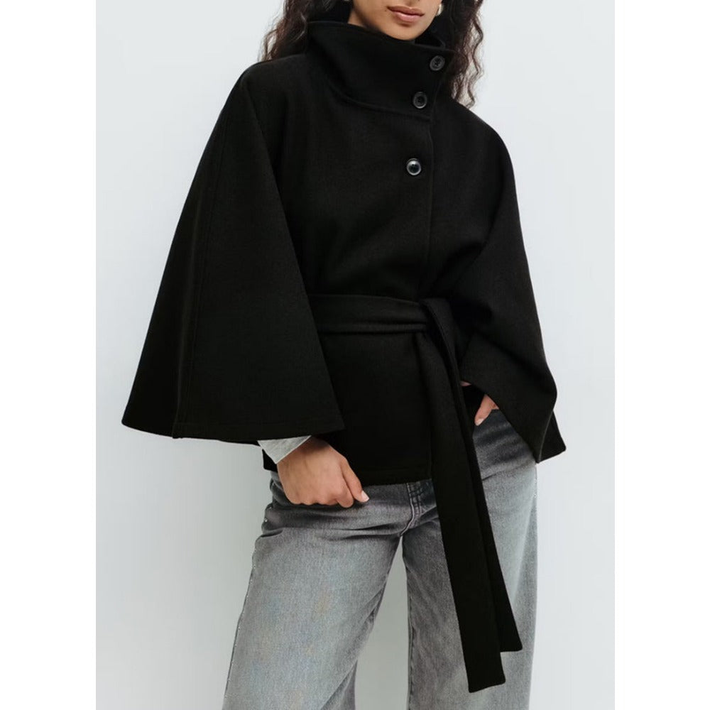Camilla - Women's High Collar Belted Cape Coat