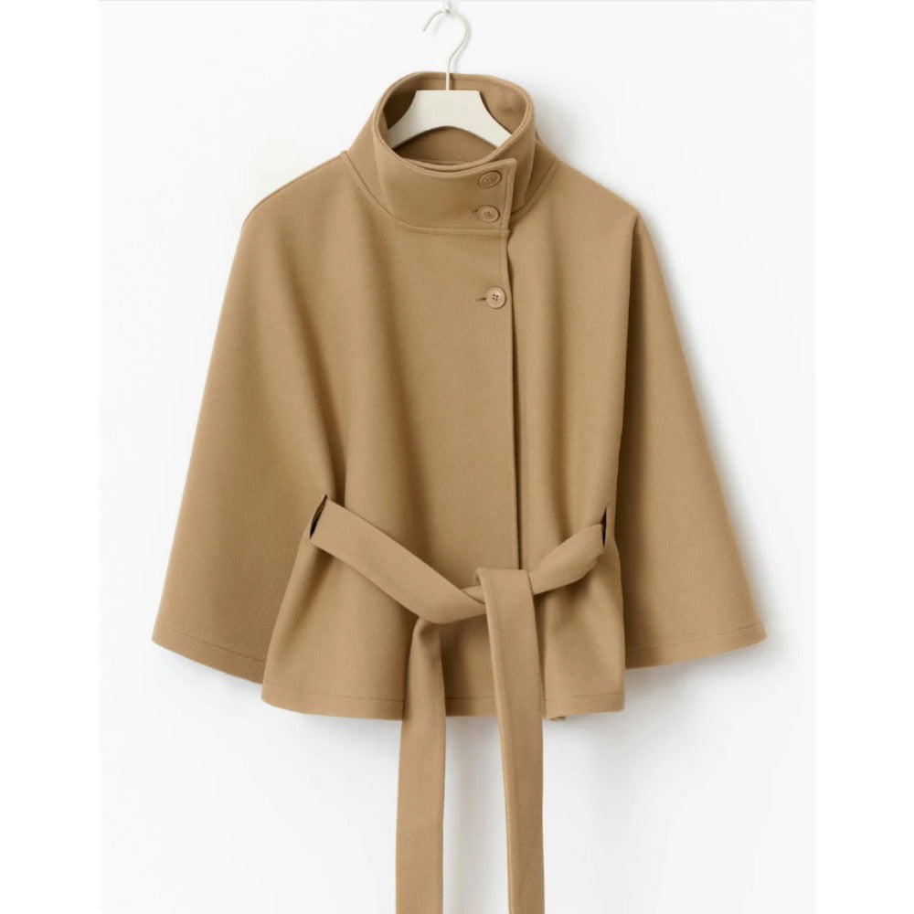 Camilla - Women's High Collar Belted Cape Coat