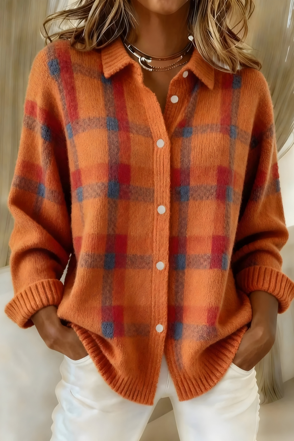 Delphine - Women's Plaid Button Up Knit Cardigan