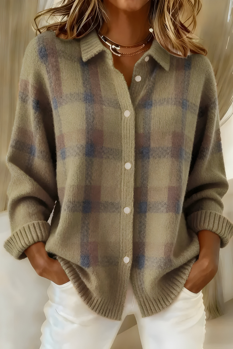 Delphine - Women's Plaid Button Up Knit Cardigan