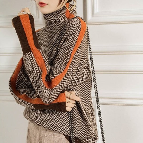 Everly - Women's Herringbone Knit Turtleneck Sweater