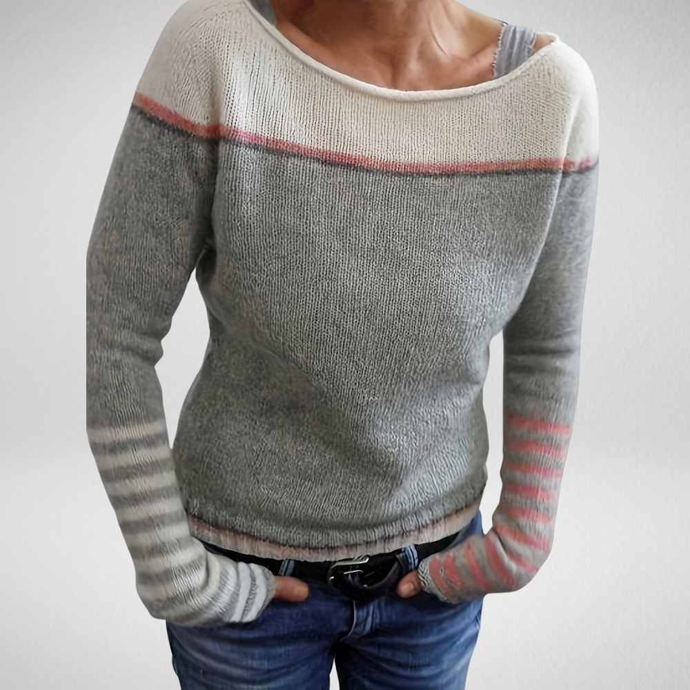 Farrah - Women's Striped Boat Neck Knit Sweater