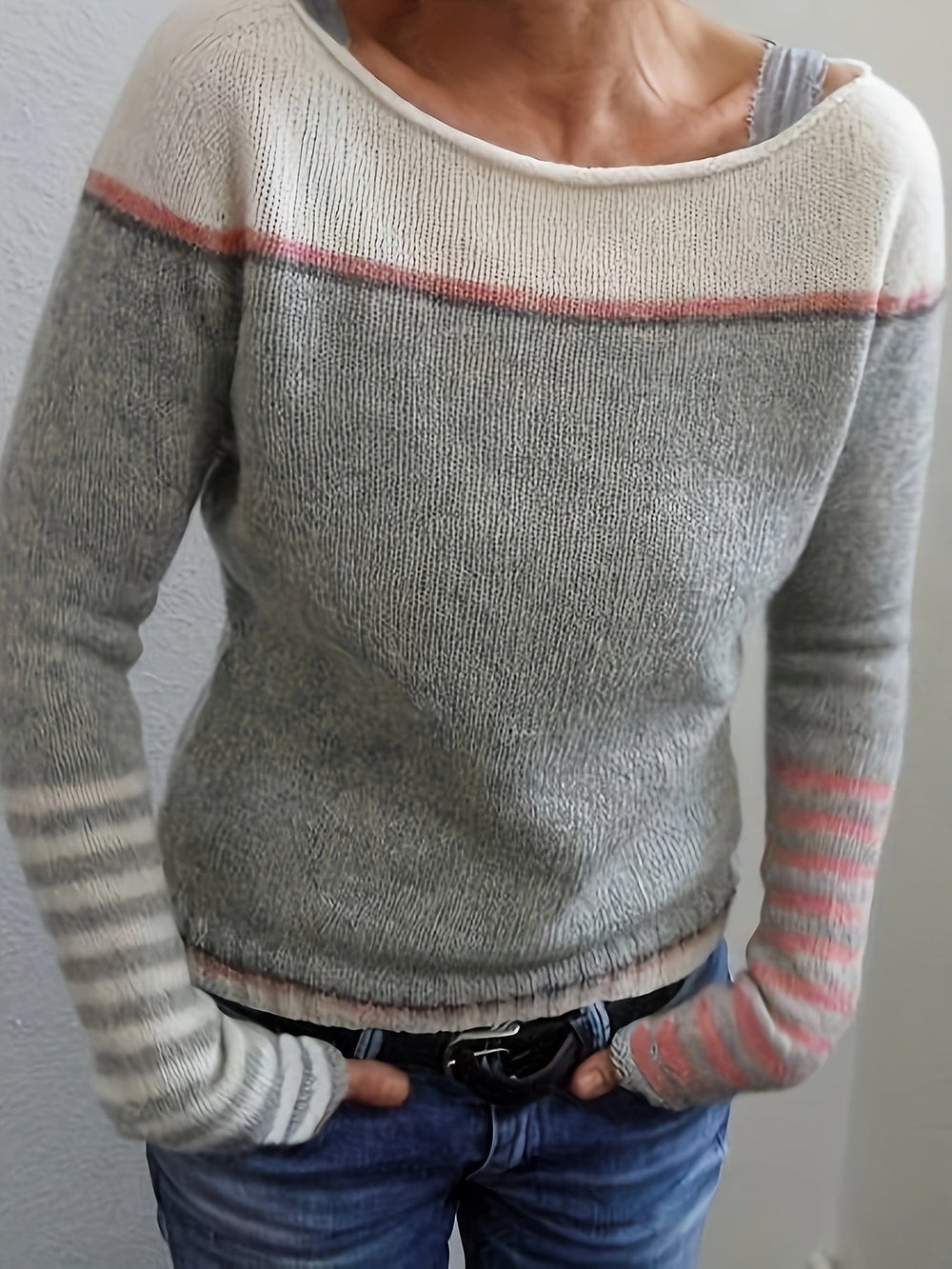 Farrah - Women's Striped Boat Neck Knit Sweater