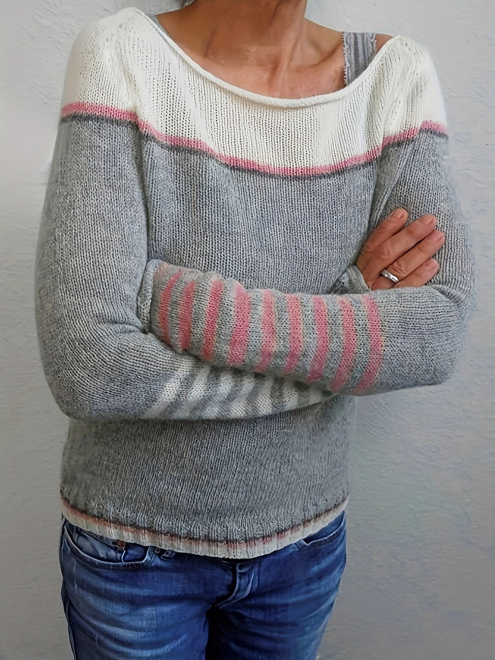 Farrah - Women's Striped Boat Neck Knit Sweater