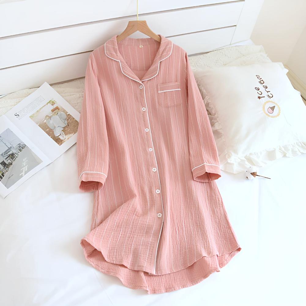 Fiona - Women's Striped Cotton Nightshirt Sleep Dress