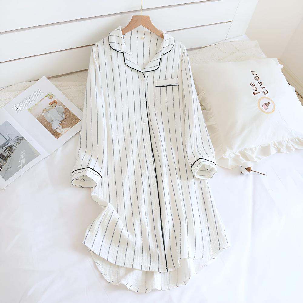 Fiona - Women's Striped Cotton Nightshirt Sleep Dress