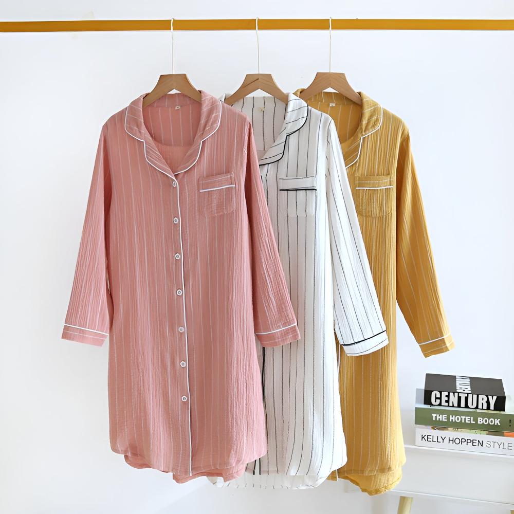 Fiona - Women's Striped Cotton Nightshirt Sleep Dress