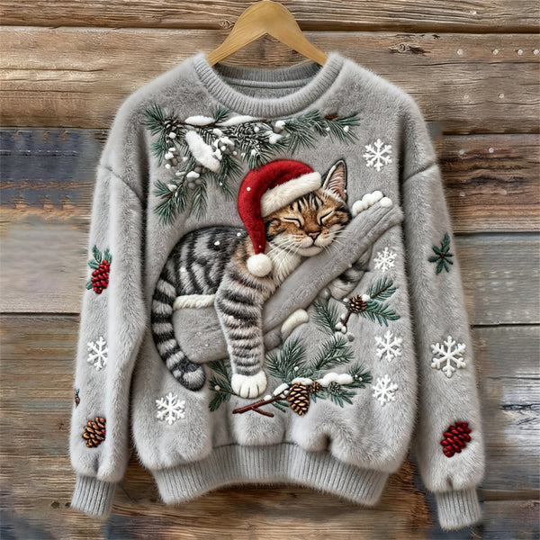 Ivy - Women's Fluffy Cat Print Christmas Sweater