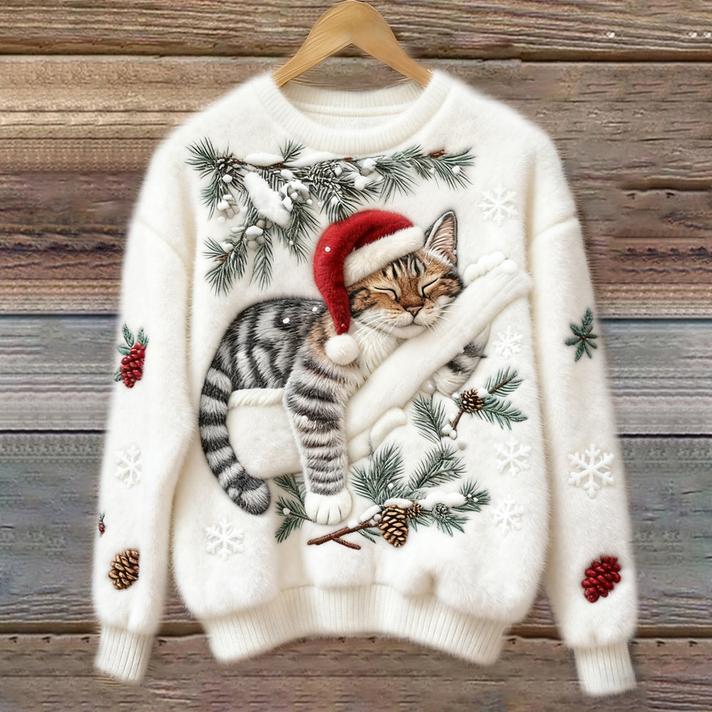 Ivy - Women's Fluffy Cat Print Christmas Sweater