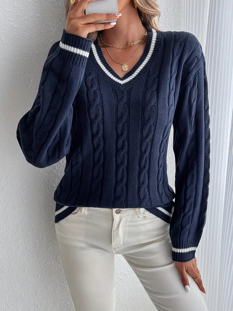Millicent - Women's V Neck Cricket Cable Knit Sweater