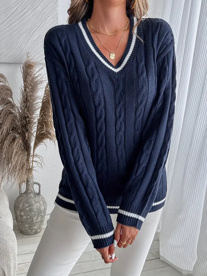 Millicent - Women's V Neck Cricket Cable Knit Sweater