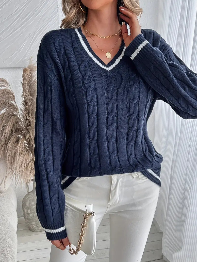 Millicent - Women's V Neck Cricket Cable Knit Sweater