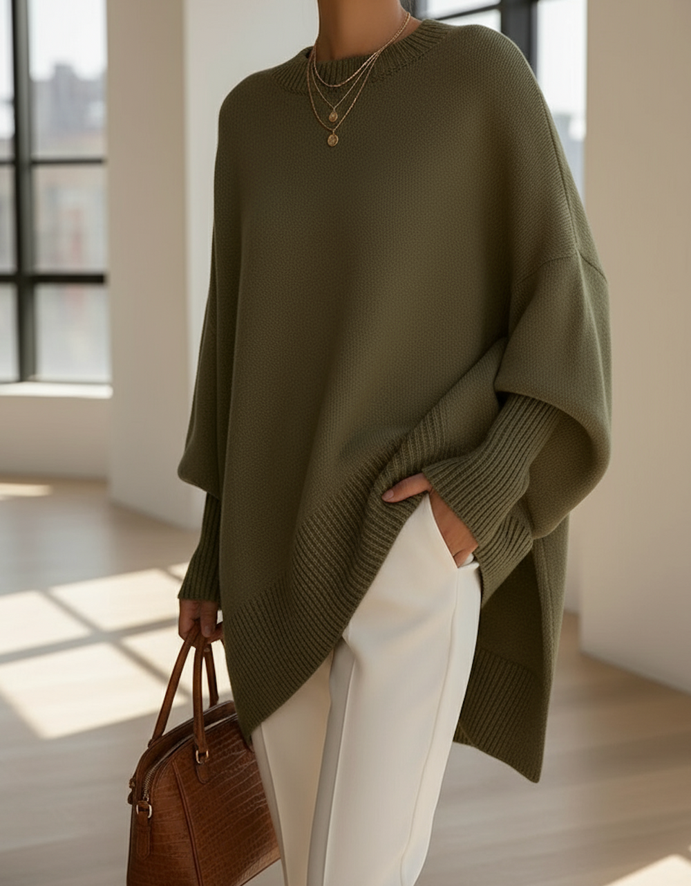 Nadia - Women's Oversized Knit Poncho Cape Sweater