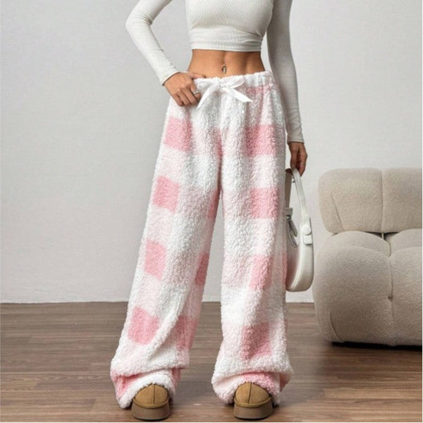 Orla - Women's Plaid Fleece Wide Leg Pajama Pants