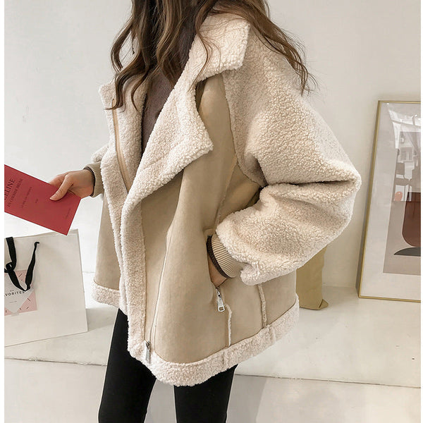 Selina - Women's Faux Suede Shearling Aviator Jacket