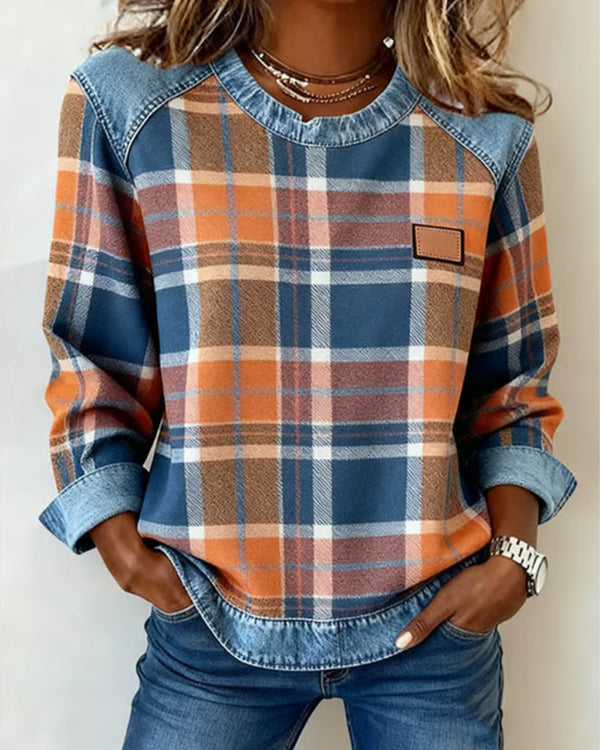 Simone - Women's Plaid Patchwork Crew Neck Sweatshirt