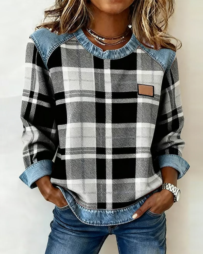 Simone - Women's Plaid Patchwork Crew Neck Sweatshirt