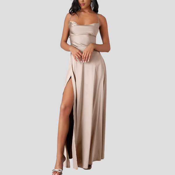 Theodora - Women's One Shoulder Satin Slit Maxi Dress