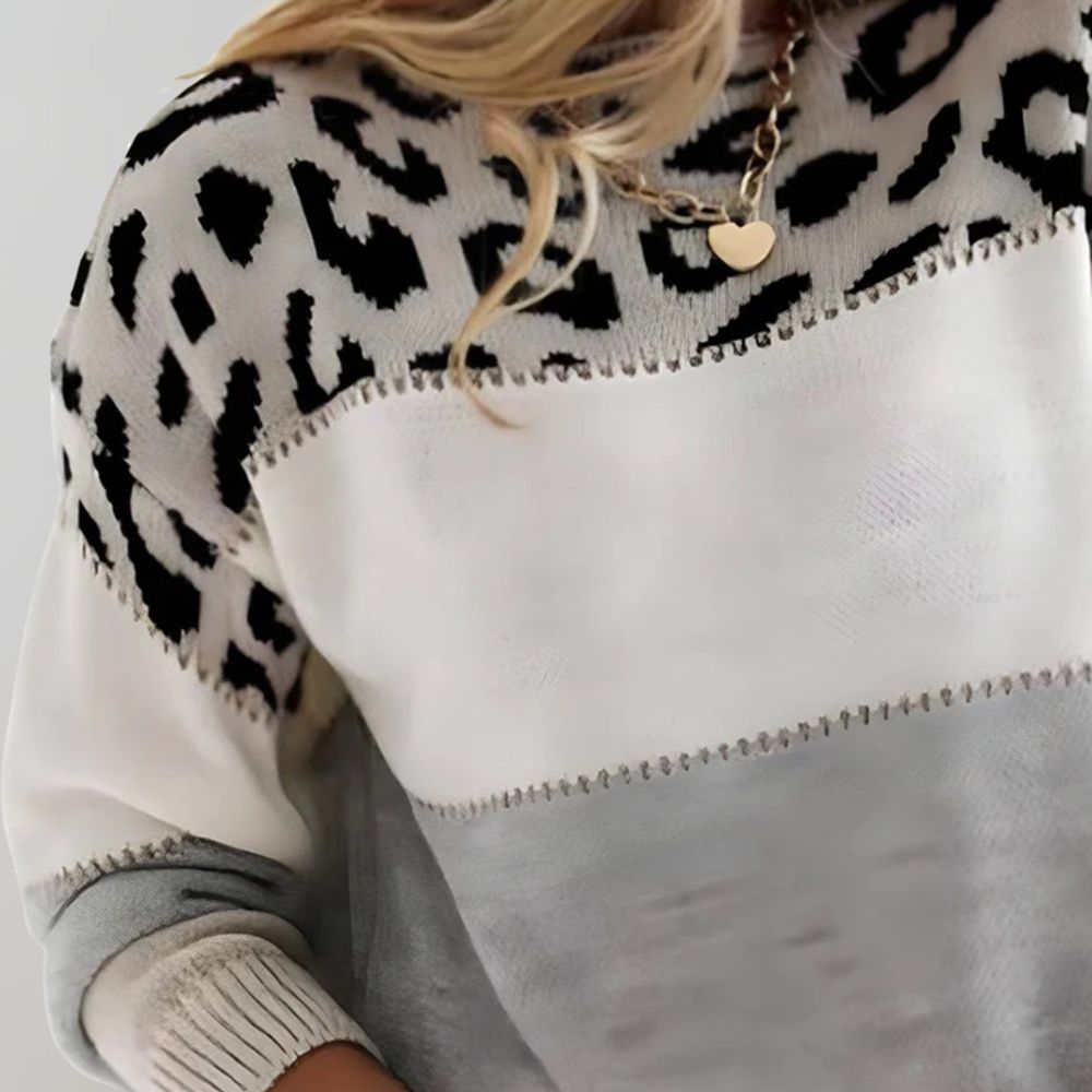 Vivien - Women's Leopard Colorblock Crew Neck Sweater
