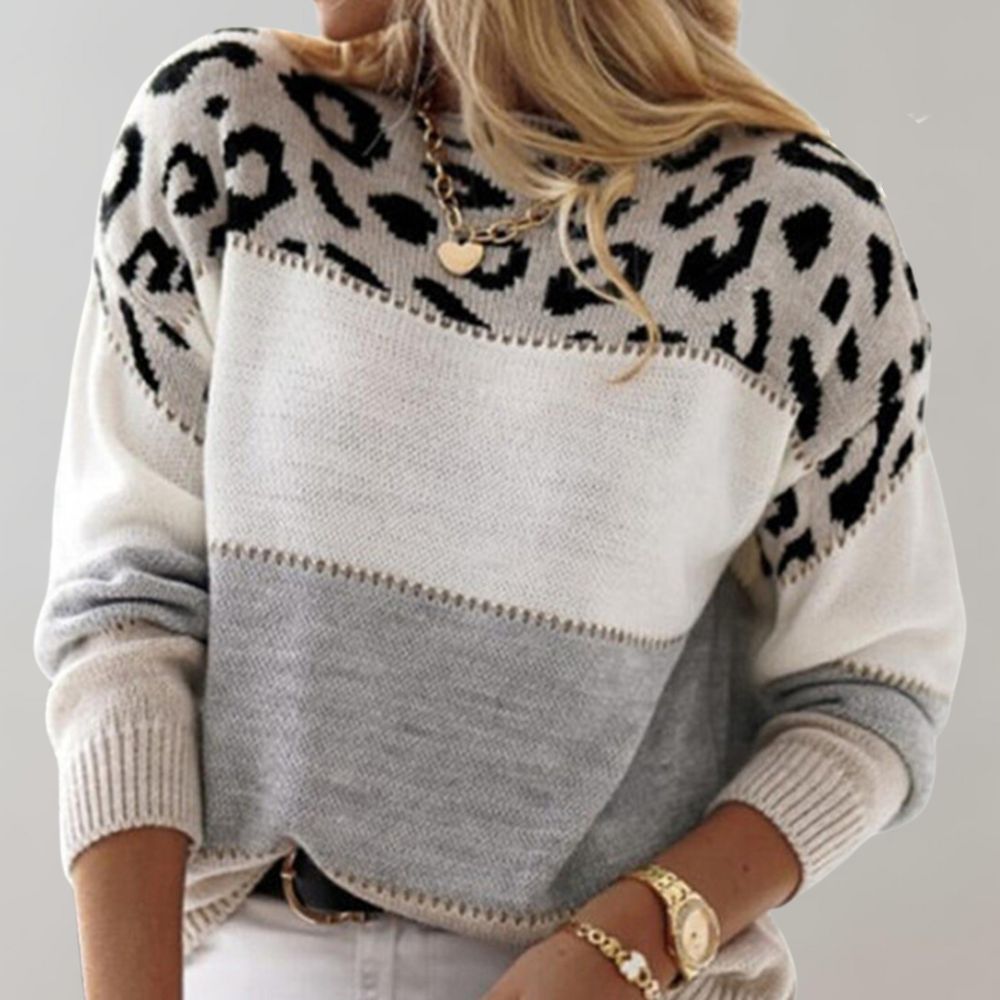 Vivien - Women's Leopard Colorblock Crew Neck Sweater
