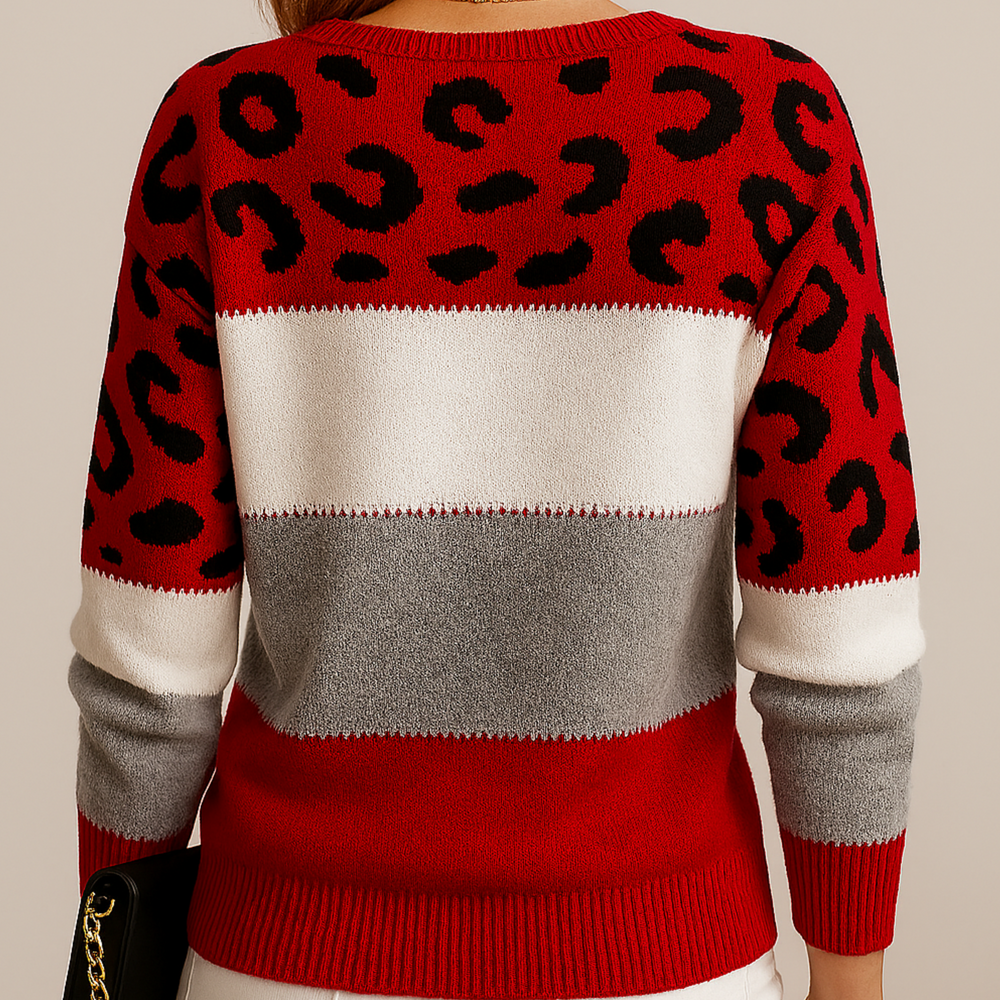 Vivien - Women's Leopard Colorblock Crew Neck Sweater