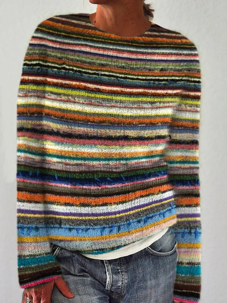 Willa - Women's Floral Embroidered Striped Knit Sweater