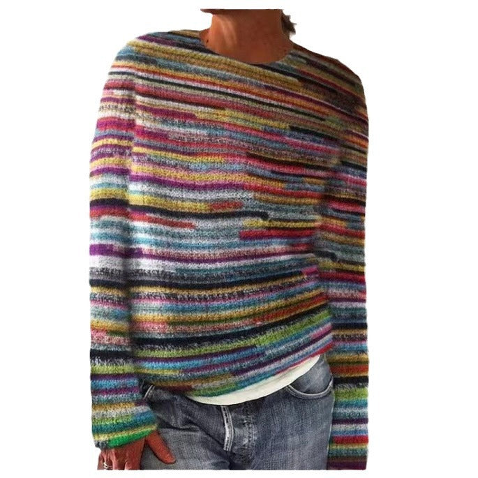 Willa - Women's Floral Embroidered Striped Knit Sweater